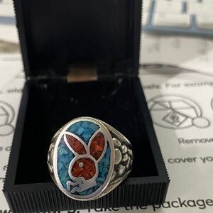 Unique Sterling Silver Ring with Turquoise and Red Inlay